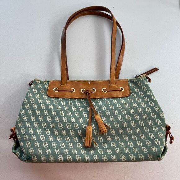 Dooney & Bourke Satchel Handbag Signature DB Denim Leather Trim Carry On Bag - Picture 2 of 16